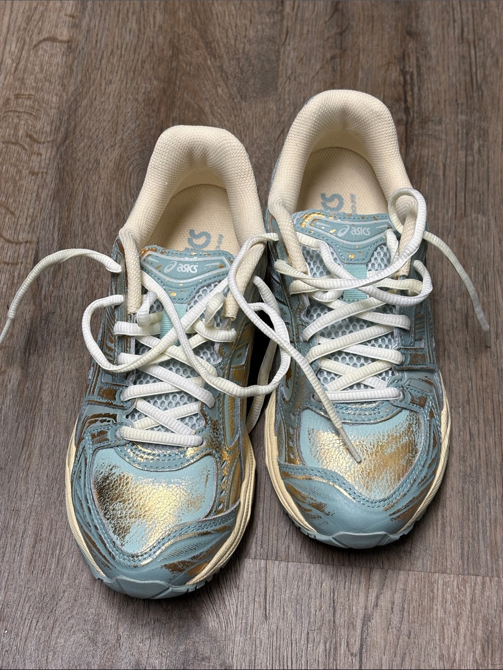 Asics Women's Light Blue and Gold Metallic Sneakers